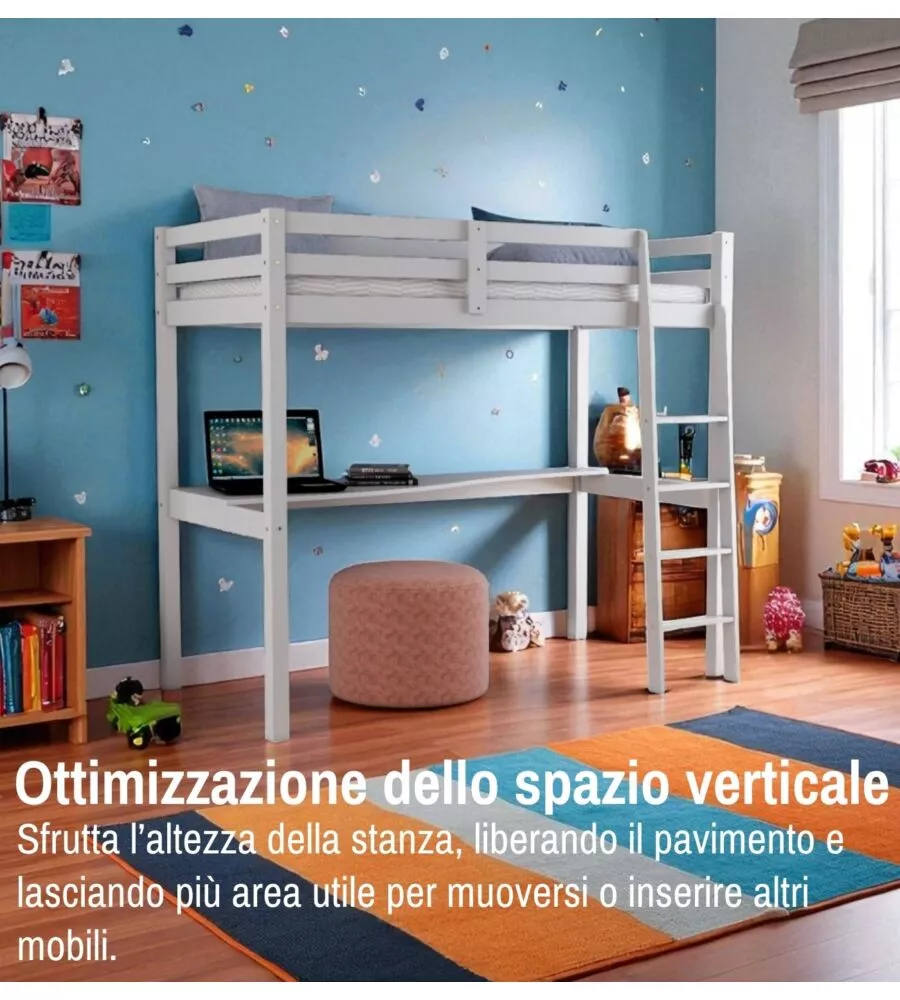 LETTO A SOPPALCO CON SCRIVANIA "NIZZA" IN PINO MASSELLO BIANCO LACCATO 202X98X176 CM