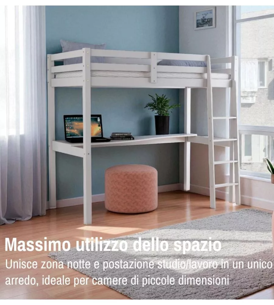 LETTO A SOPPALCO CON SCRIVANIA "NIZZA" IN PINO MASSELLO BIANCO LACCATO 202X98X176 CM
