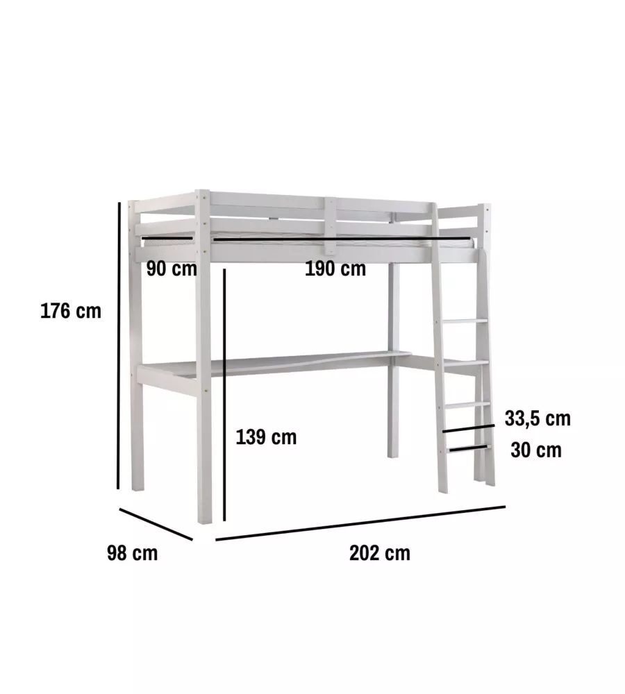 LETTO A SOPPALCO CON SCRIVANIA "NIZZA" IN PINO MASSELLO BIANCO LACCATO 202X98X176 CM