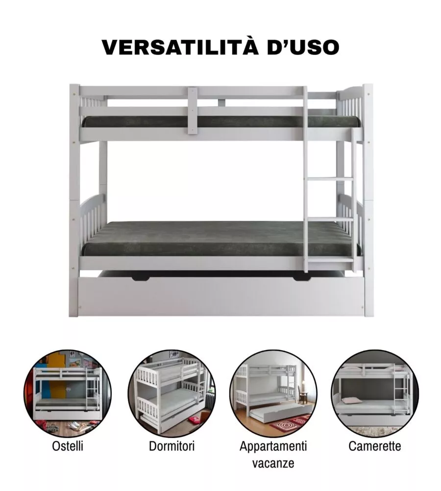 LETTO A CASTELLO "TOLOSA" IN PINO MASSELLO BIANCO 201X98X154 CM