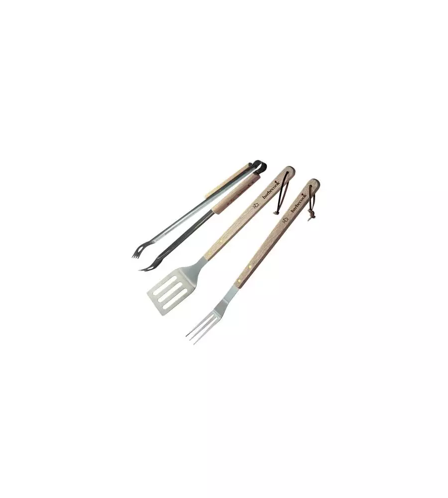 SET BARBECUE 3 PEZZI SPATOLA, PINZA E FORCHETTA IN ACCIAIO INOX CON MANICO IN LEGNO - BARBECOOK