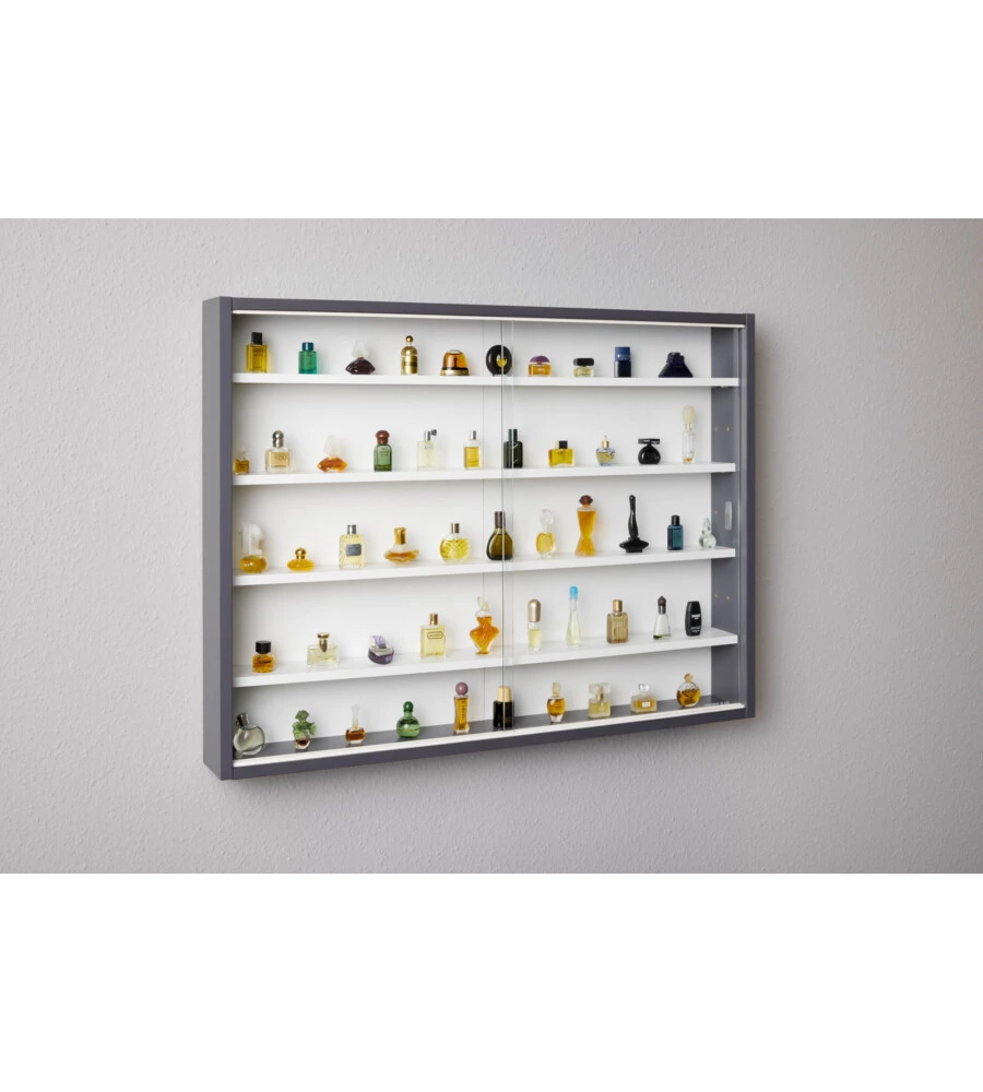 VETRINETTA SCAFFALE IN LEGNO GRIGIO CON ANTE IN VETRO SCORREVOLI, 80X9,5X60 CM