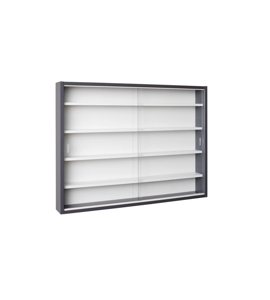 VETRINETTA SCAFFALE IN LEGNO GRIGIO CON ANTE IN VETRO SCORREVOLI, 80X9,5X60 CM