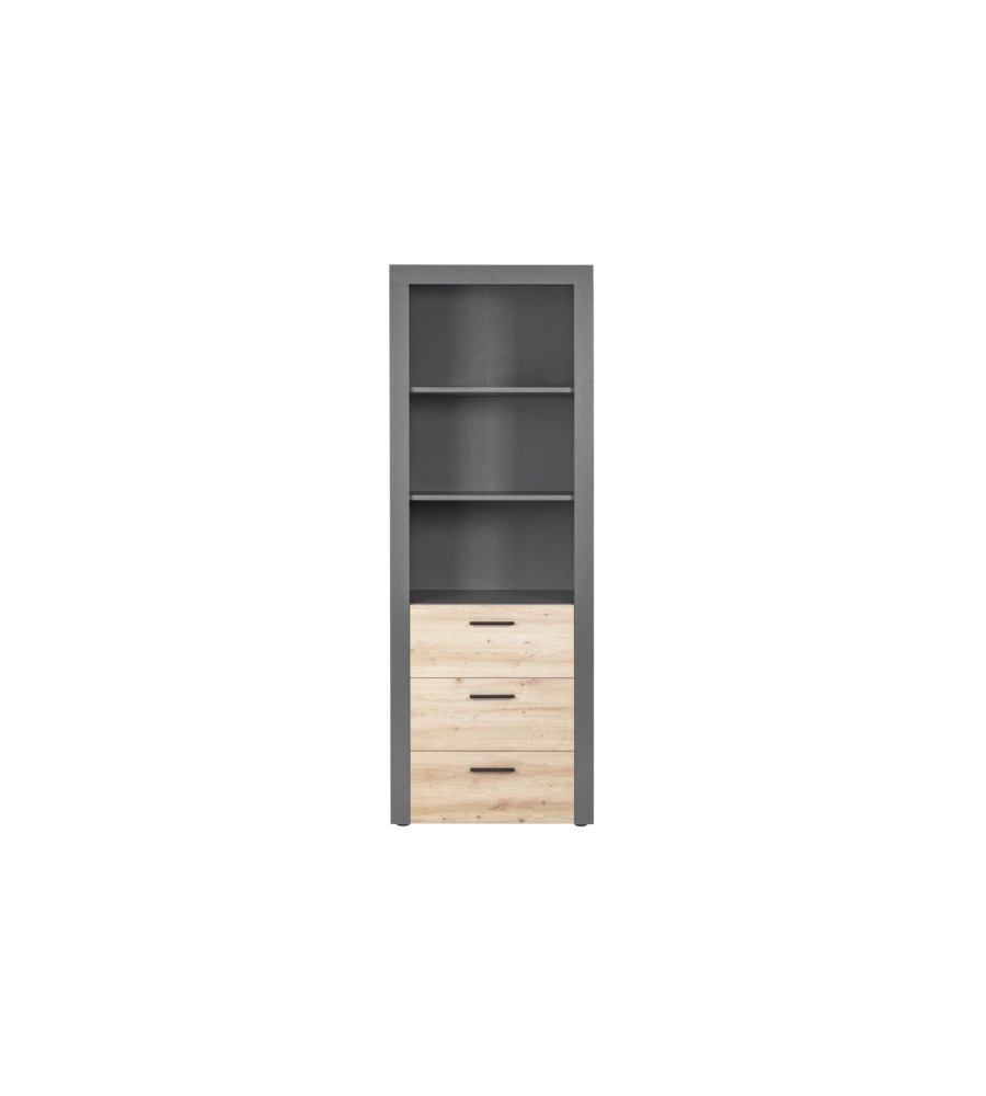 LIBRERIA 3 RIPIANI E 3 CASSETTI GRIGIO E QUERCIA, 68,6X41,6X190 CM