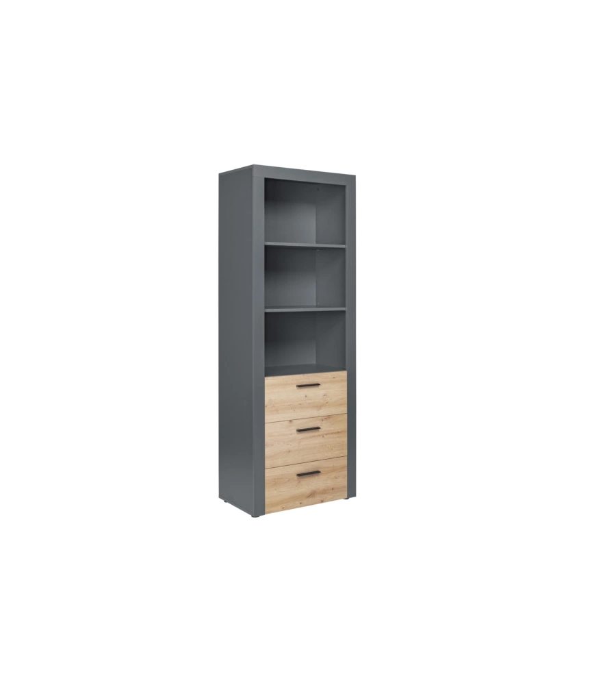 LIBRERIA 3 RIPIANI E 3 CASSETTI GRIGIO E QUERCIA, 68,6X41,6X190 CM
