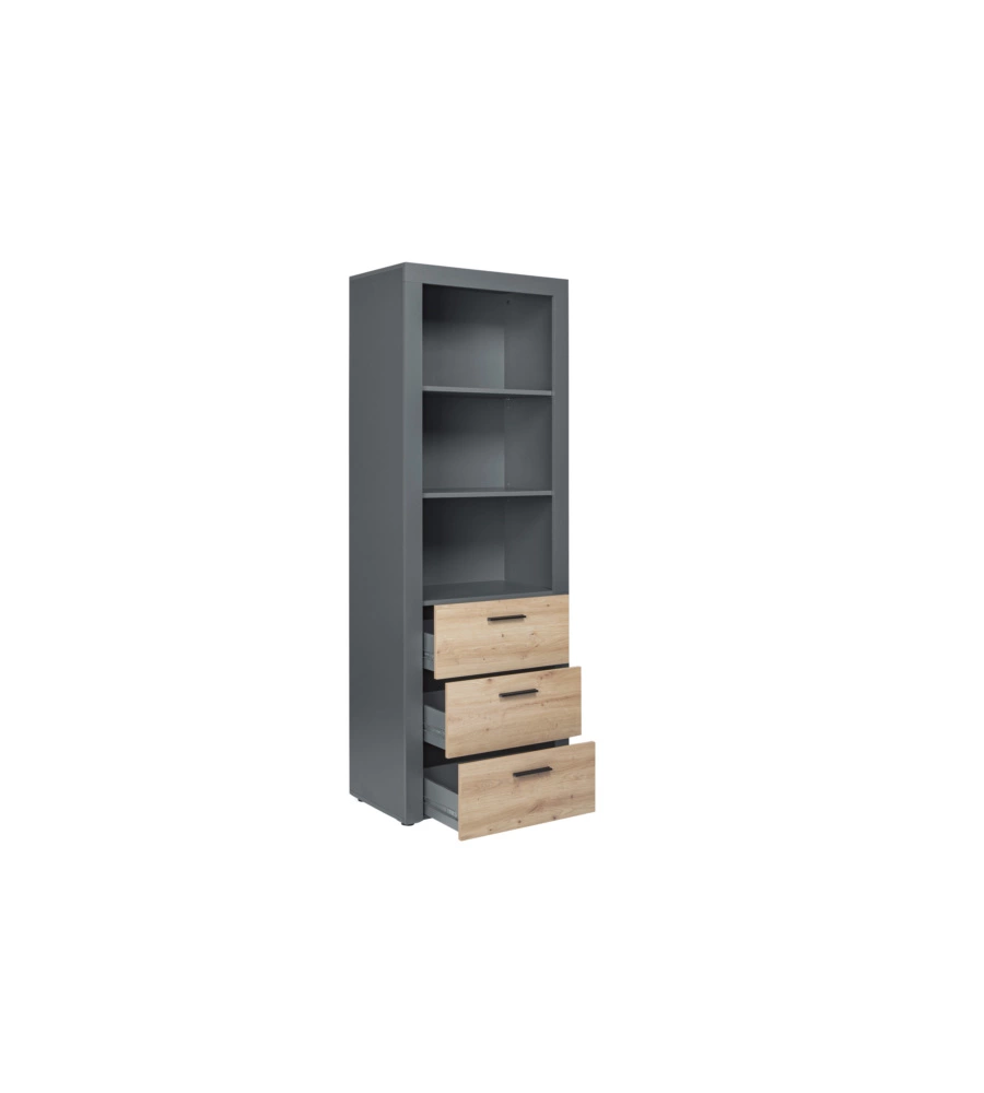 LIBRERIA 3 RIPIANI E 3 CASSETTI GRIGIO E QUERCIA, 68,6X41,6X190 CM