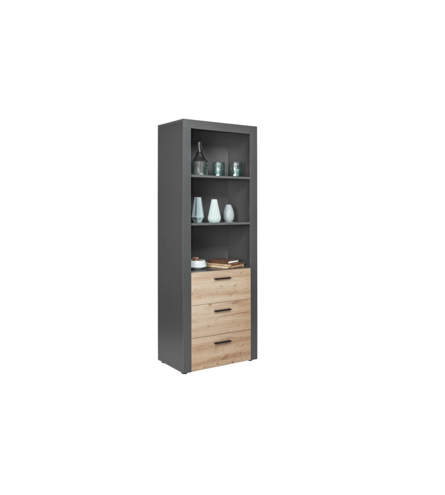 LIBRERIA 3 RIPIANI E 3 CASSETTI GRIGIO E QUERCIA, 68,6X41,6X190 CM