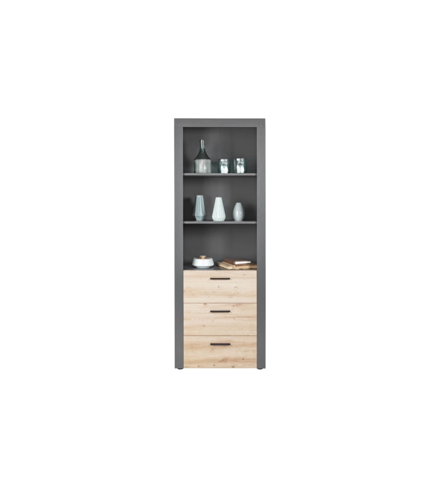 LIBRERIA 3 RIPIANI E 3 CASSETTI GRIGIO E QUERCIA, 68,6X41,6X190 CM