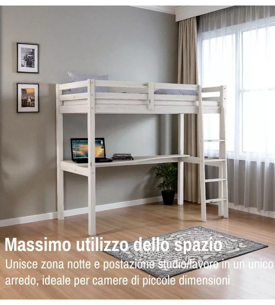 LETTO A SOPPALCO CON SCRIVANIA "NIZZA" IN PINO MASSELLO BIANCO 202X98X176 CM