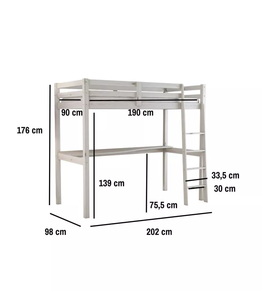 LETTO A SOPPALCO CON SCRIVANIA "NIZZA" IN PINO MASSELLO BIANCO 202X98X176 CM