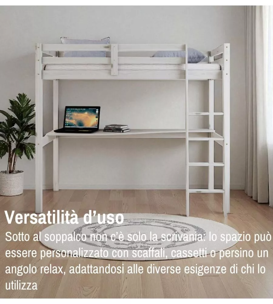 LETTO A SOPPALCO CON SCRIVANIA "NIZZA" IN PINO MASSELLO BIANCO 202X98X176 CM