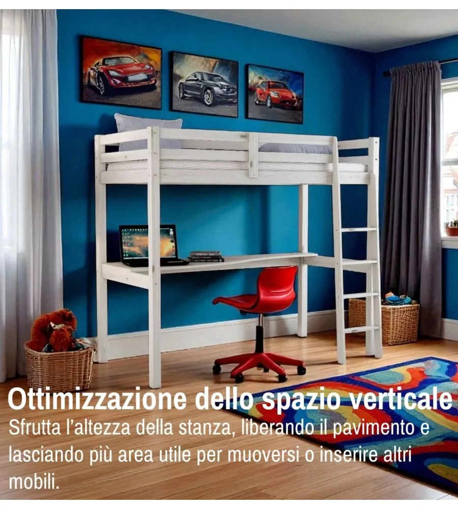 LETTO A SOPPALCO CON SCRIVANIA "NIZZA" IN PINO MASSELLO BIANCO 202X98X176 CM