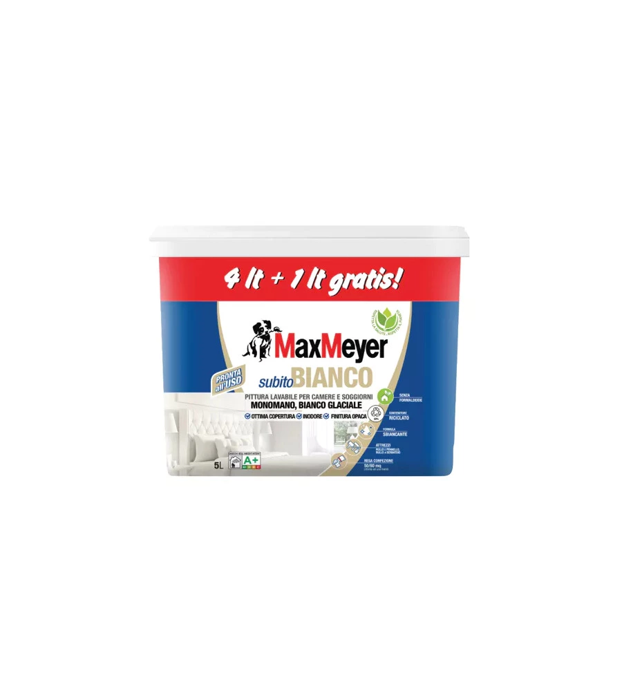 PITTURA MURALE LAVABILE SUBITO BIANCO A+ AD ALTA COPERTURA, 4 LITRI - MAX MEYER