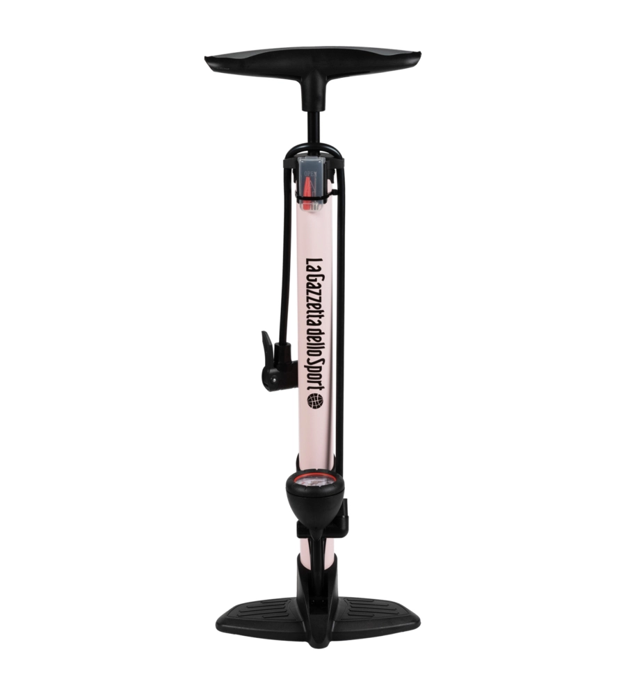 POMPA GONFIAGGIO PER OFFICINA LA GAZZETTA DELLO SPORT IN ACCIAIO COLORE ROSA CON MANOMETRO, 26X14,5X59 CM