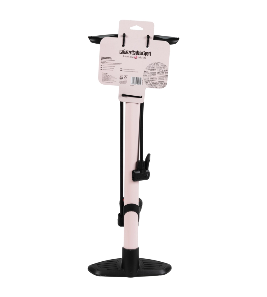 POMPA GONFIAGGIO PER OFFICINA LA GAZZETTA DELLO SPORT IN ACCIAIO COLORE ROSA CON MANOMETRO, 26X14,5X59 CM