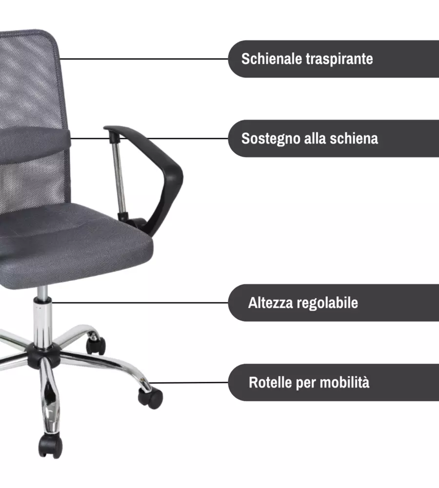 SEDIA DA UFFICIO TRASPIRANTE BELLAHOME "STANFORD" CON BRACCIOLI IN TESSUTO GRIGIO 56X53,5X91,5-101,5 CM