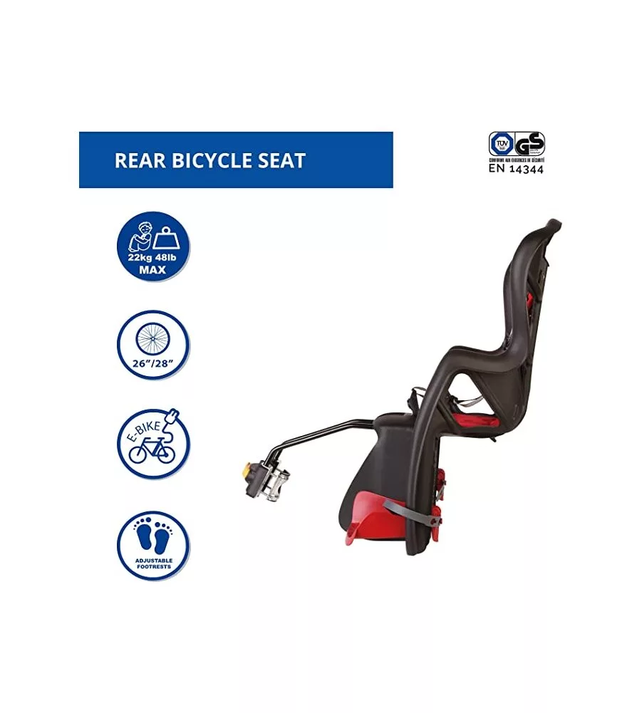 SEGGIOLINO POSTERIORE NERO E ROSSO PER BICICLETTA PER BAMBINI, MAX. 22 KG, DA 3 A 8 ANNI - SI FISSA AL TELAIO