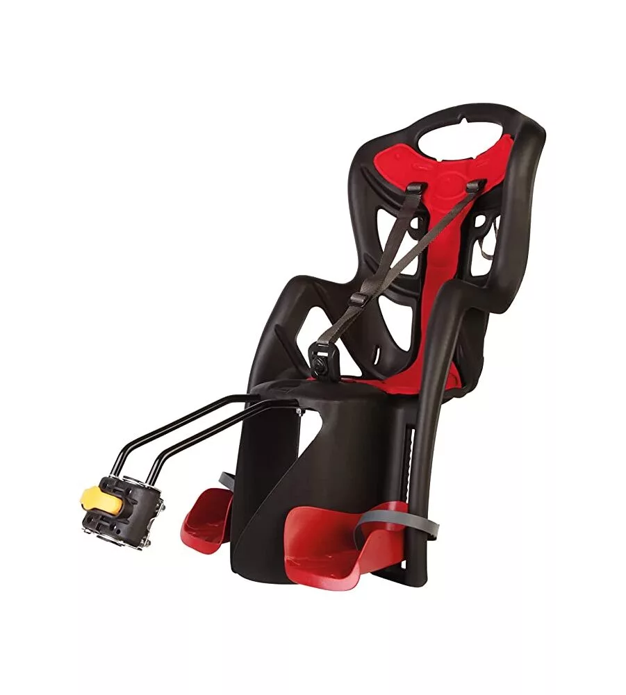 SEGGIOLINO POSTERIORE NERO E ROSSO PER BICICLETTA PER BAMBINI, MAX. 22 KG, DA 3 A 8 ANNI - SI FISSA AL TELAIO
