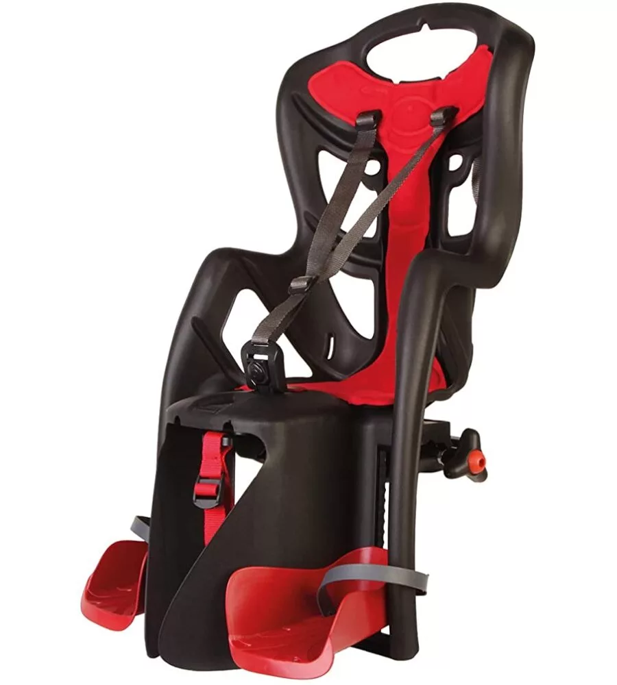 SEGGIOLINO POSTERIORE NERO E ROSSO PER BICICLETTA PER BAMBINI, MAX. 22 KG, DA 3 A 8 ANNI - SI FISSA AL PORTAPACCHI