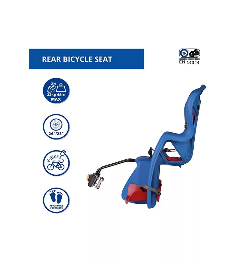 SEGGIOLINO POSTERIORE BLU PER BICICLETTA PER BAMBINI, MAX. 22 KG, DA 3 A 8 ANNI - SI FISSA AL TELAIO