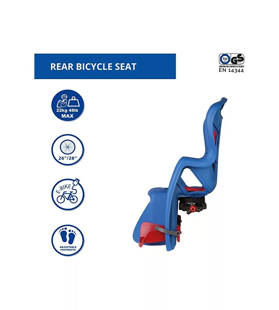 SEGGIOLINO POSTERIORE BLU PER BICICLETTA PER BAMBINI, MAX. 22 KG, DA 3 A 8 ANNI - SI FISSA AL PORTAPACCHI