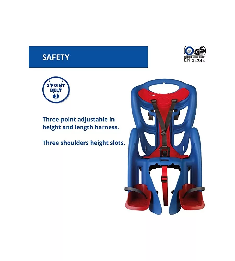 SEGGIOLINO POSTERIORE BLU PER BICICLETTA PER BAMBINI, MAX. 22 KG, DA 3 A 8 ANNI - SI FISSA AL PORTAPACCHI