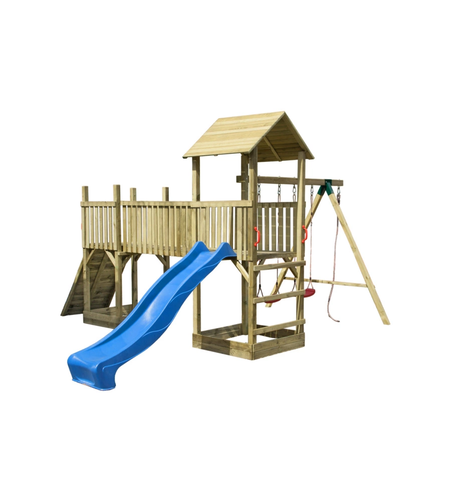 GIOCO DA GIARDINO PER BAMBINI CON TORRETTA DOPPIA, SCIVOLO E ALTALENA, 480X410X280 CM