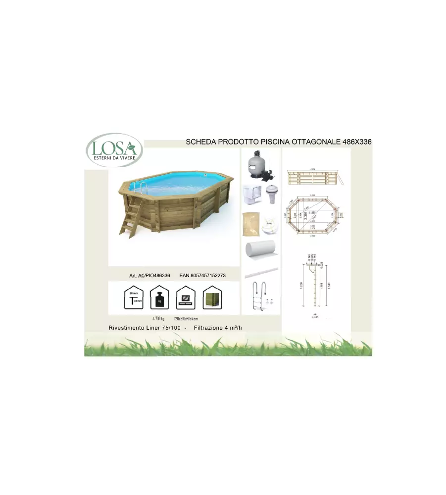 PISCINA OTTAGONALE IN LEGNO DI PINO IMPREGNATO IN AUTOCLAVE, 486X336 CM