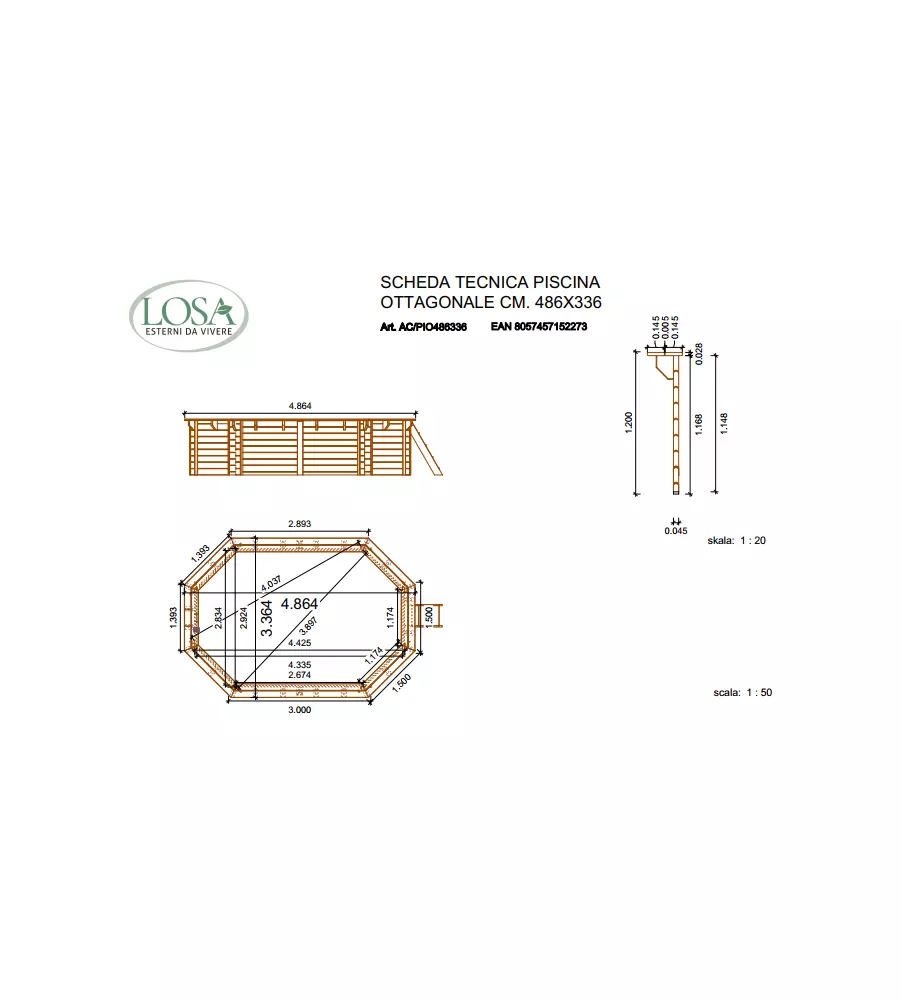 PISCINA OTTAGONALE IN LEGNO DI PINO IMPREGNATO IN AUTOCLAVE, 486X336 CM