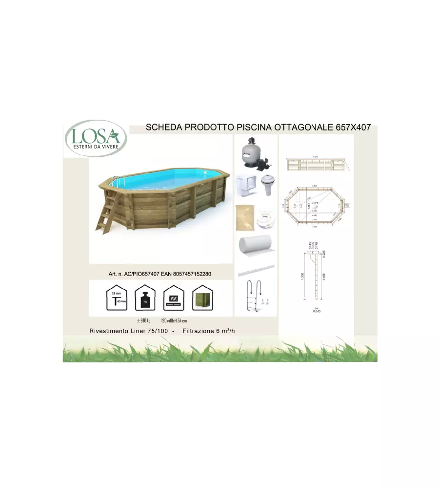PISCINA OTTAGONALE IN LEGNO DI PINO IMPREGNATO IN AUTOCLAVE, 657X407 CM