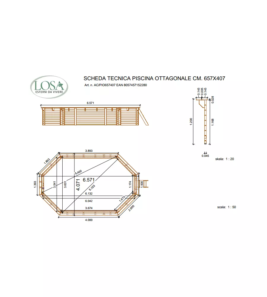 PISCINA OTTAGONALE IN LEGNO DI PINO IMPREGNATO IN AUTOCLAVE, 657X407 CM