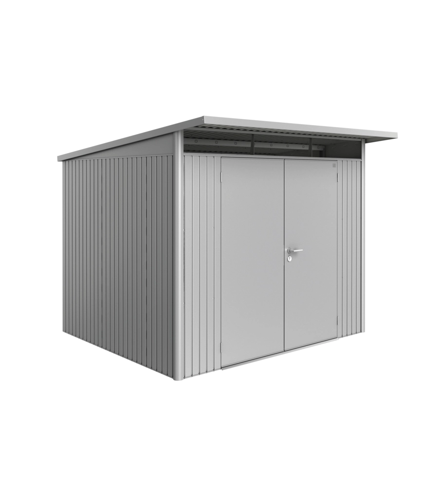 CASETTA DA GIARDINO BIOHORT "AVANTGARDE A6" IN ACCIAIO ZINCATO COLORE ARGENTO METALLIZZATO CON PORTA BATTENTE DOPPIA 260X260X218 CM