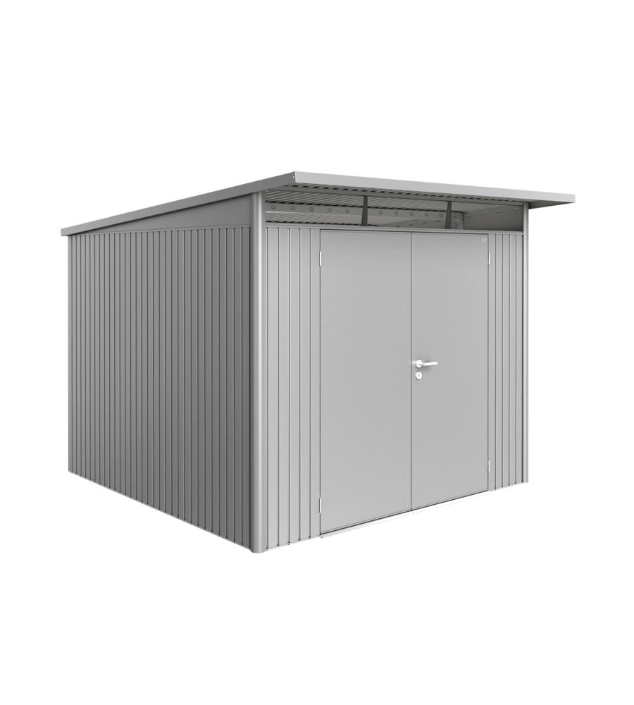 CASETTA DA GIARDINO BIOHORT "AVANTGARDE A7" IN ACCIAIO ZINCATO COLORE ARGENTO METALLIZZATO CON PORTA BATTENTE DOPPIA 260X300X218 CM