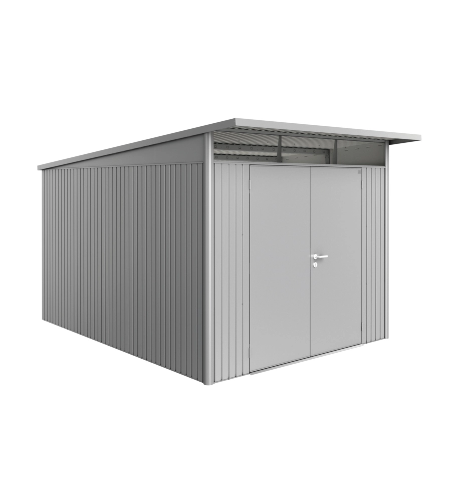 CASETTA DA GIARDINO BIOHORT "AVANTGARDE A8" IN ACCIAIO ZINCATO COLORE ARGENTO METALLIZZATO CON PORTA BATTENTE DOPPIA 260X380X222 CM