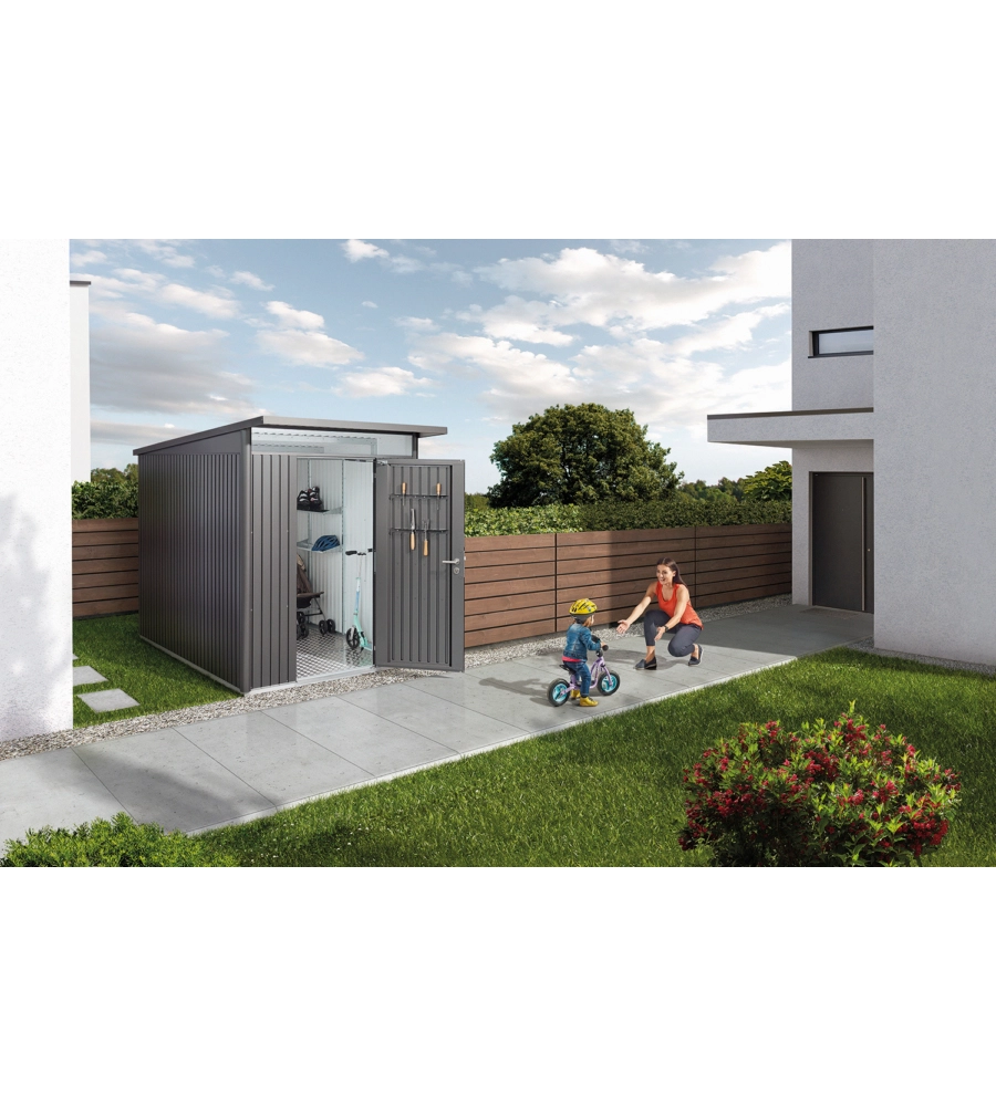 CASETTA DA GIARDINO BIOHORT "AVANTGARDE A8" IN ACCIAIO ZINCATO COLORE GRIGIO SCURO METALLIZZATO CON PORTA BATTENTE SEMPLICE 260X380X222 CM