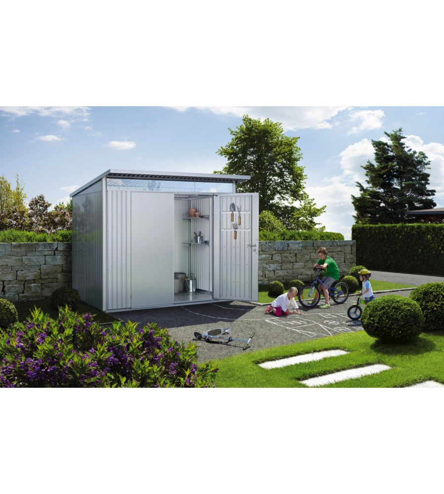 CASETTA DA GIARDINO BIOHORT "AVANTGARDE A3" IN ACCIAIO ZINCATO COLORE GRIGIO QUARZO METALLIZZATO CON PORTA BATTENTE DOPPIA 180X300X218 CM