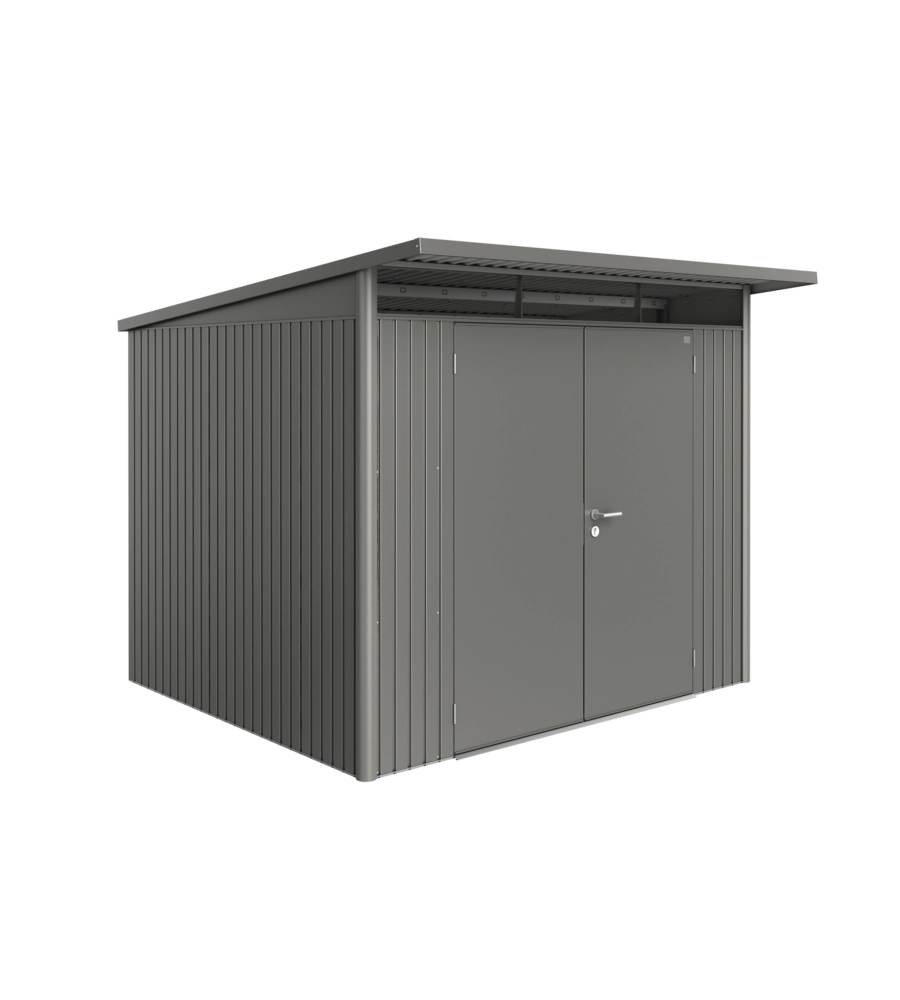 CASETTA DA GIARDINO BIOHORT "AVANTGARDE A6" IN ACCIAIO ZINCATO COLORE GRIGIO QUARZO METALLIZZATO CON PORTA BATTENTE DOPPIA 260X260X218 CM
