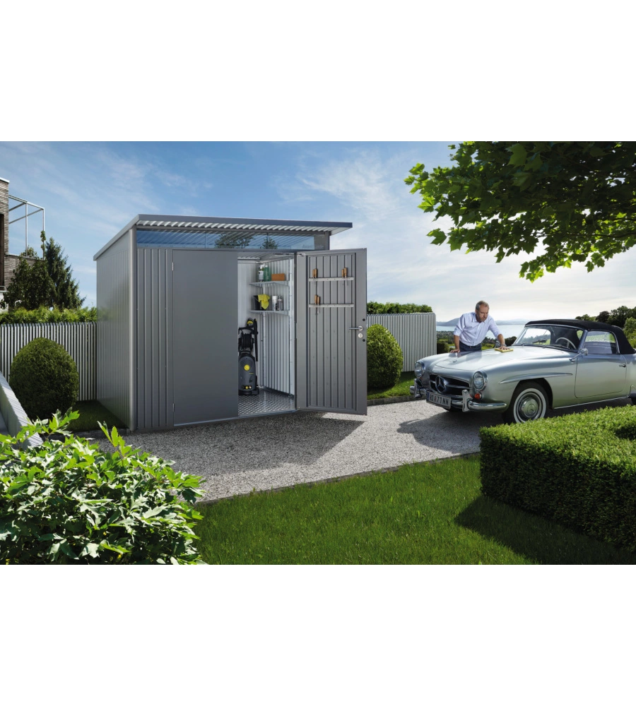 CASETTA DA GIARDINO BIOHORT "AVANTGARDE A8" IN ACCIAIO ZINCATO COLORE GRIGIO QUARZO METALLIZZATO CON PORTA BATTENTE SEMPLICE 260X380X222 CM