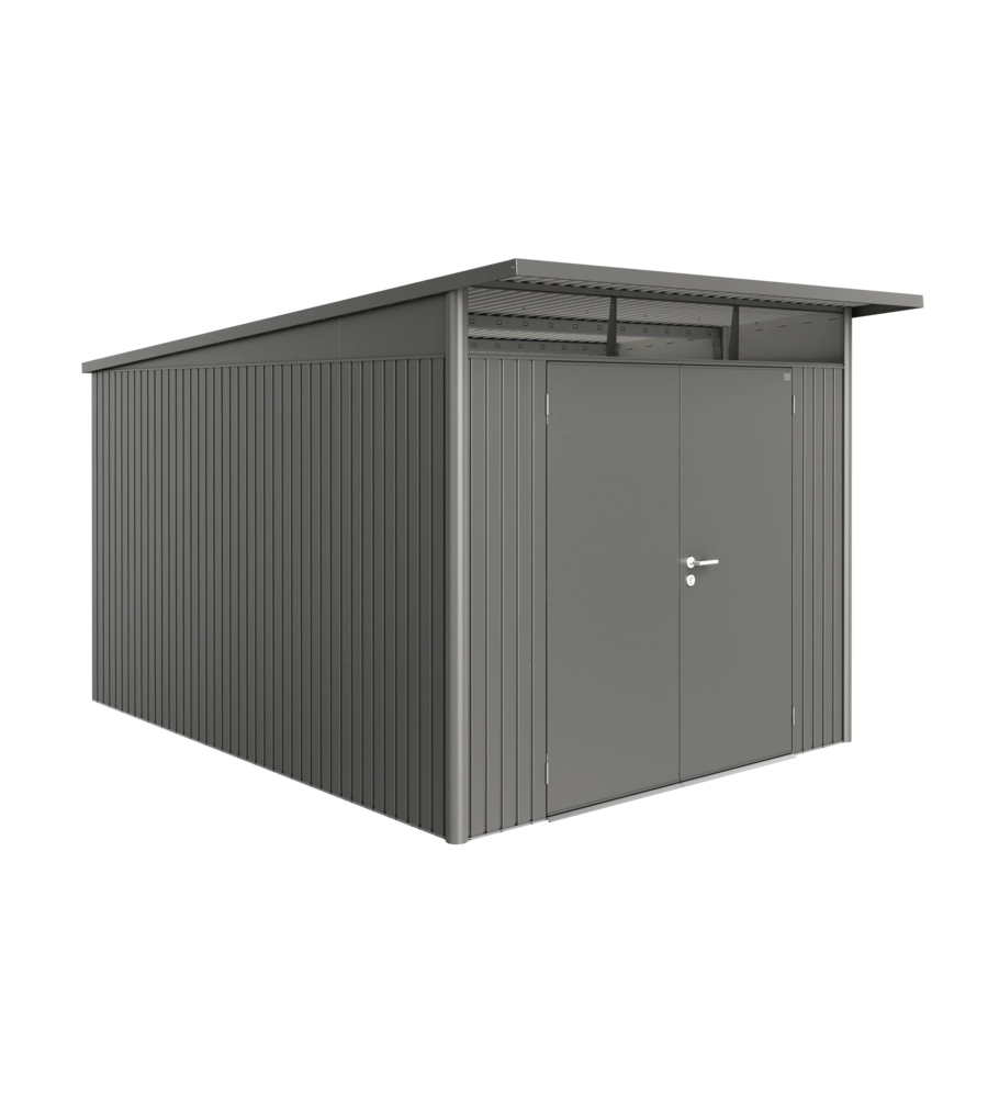 CASETTA DA GIARDINO BIOHORT "AVANTGARDE A8" IN ACCIAIO ZINCATO COLORE GRIGIO QUARZO METALLIZZATO CON PORTA BATTENTE DOPPIA 260X380X222 CM