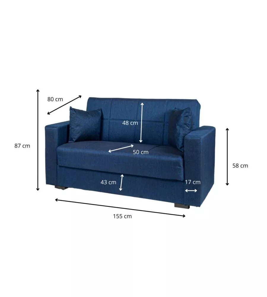 DIVANO LETTO "NORA" 2 POSTI IN TESSUTO BLU, 155X80X87 CM