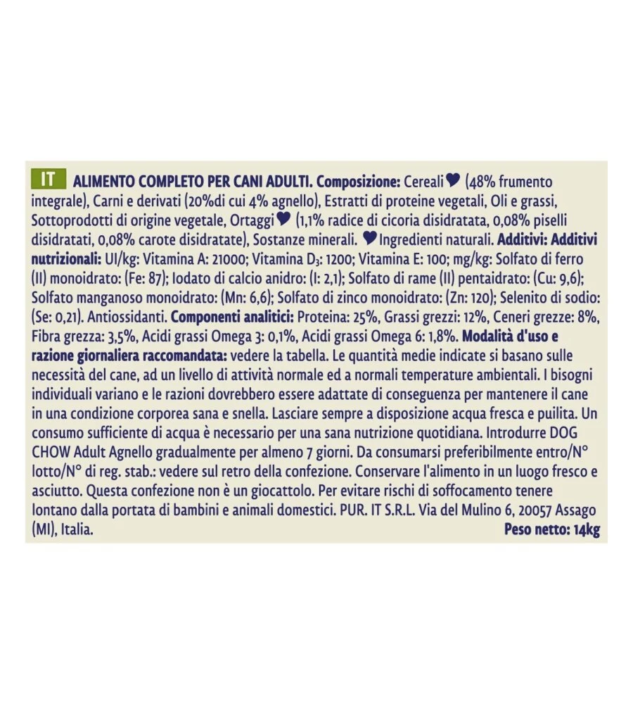 CROCCHETTE PER CANI PURINA "DOG CHOW" ADULTO DI TUTTE LE TAGLIE CON AGNELLO 14 KG
