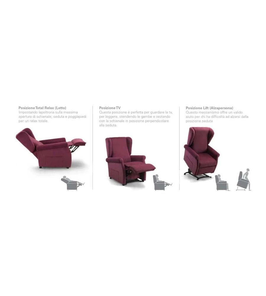 POLTRONA "LUNA" CON RECLINER E ALZATA ELETTRICA IN TESSUTO ROSSO, 75X84X107 CM