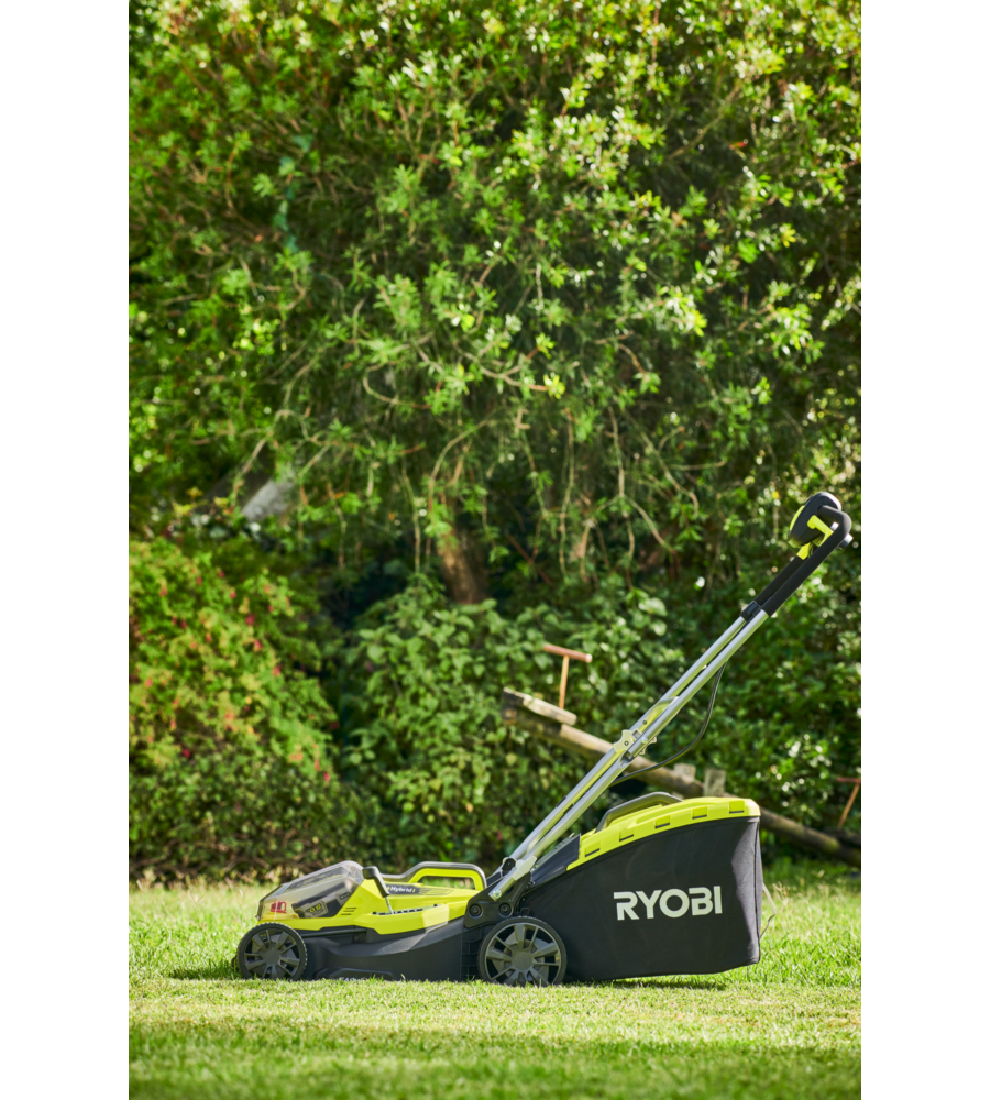 TAGLIAERBA IBRIDO BATTERIA ED ELETTRICO RYOBI "RY18LMH37A-250" TAGLIO 37CM 18V, DUE BATTERIE 5AH INCLUSE