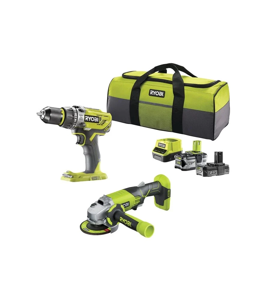 KIT VALIGETTA TRAPANO AVVITATORE E SMERIGLIATRICE A BATTERIA RYOBI "R18PD3 + R18AG" 2 BATTERIE 18V 2AH/4AH E CARICABATTERIE