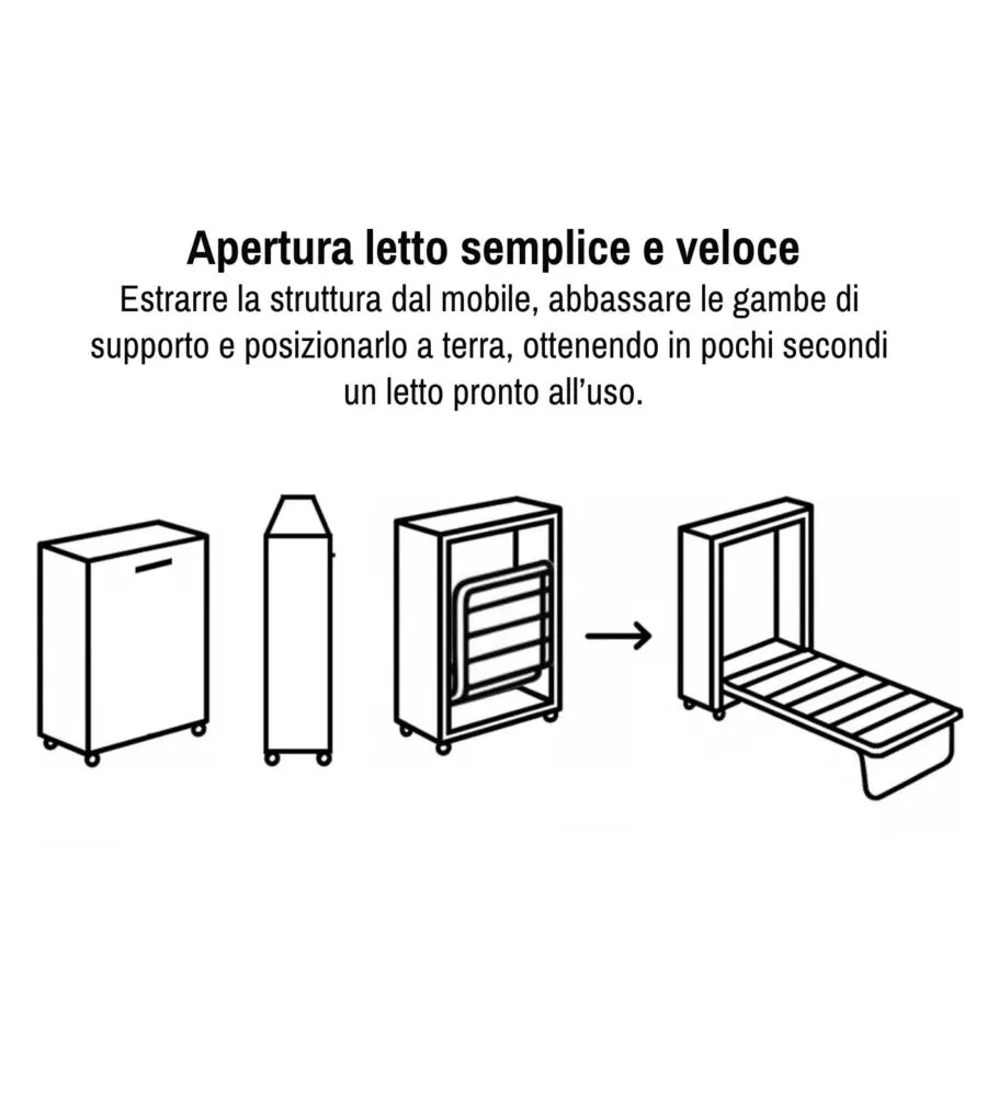 MOBILE LETTO SINGOLO ESTRAIBILE A SCOMPARSA CON RETE E MATERASSO SOMNUS BIANCO 80X190 CM