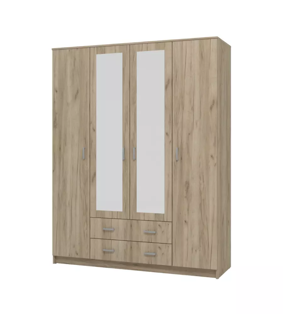 ARMADIO 4 ANTE BATTENTI "PRAGA" CON SPECCHI E 2 CASSETTI EFFETTO QUERCIA 160X52X205 CM