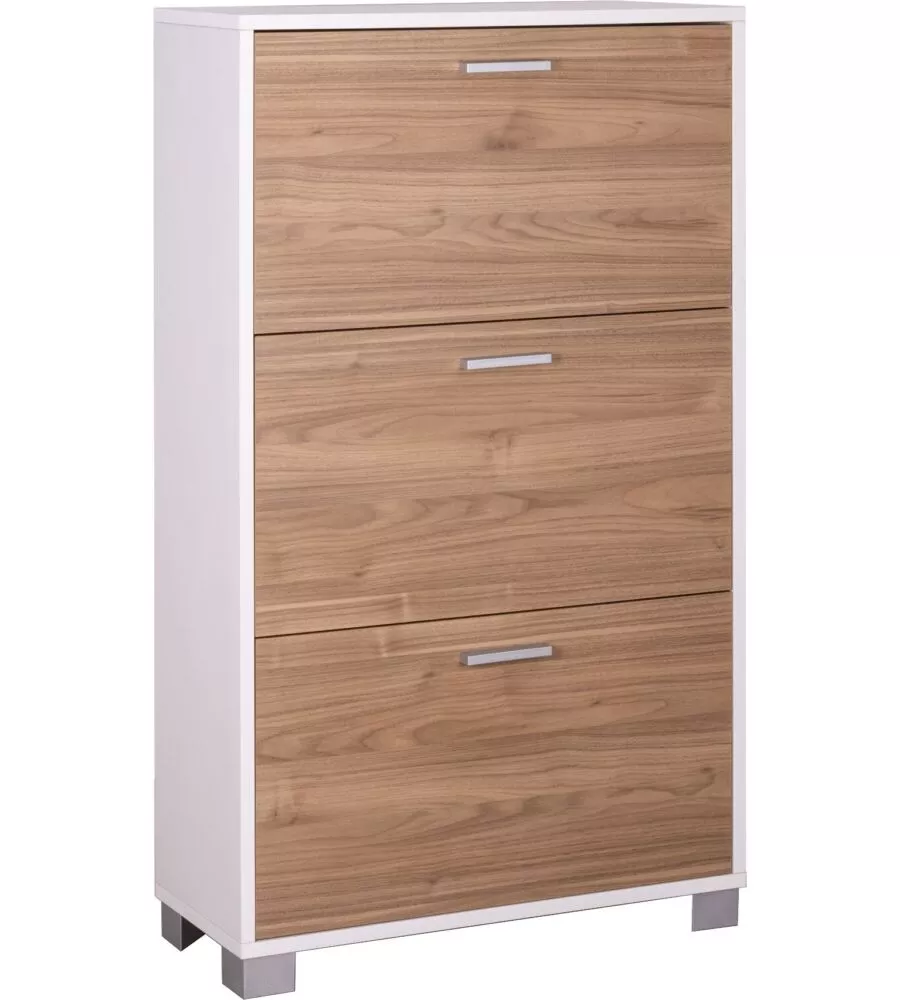 SCARPIERA BIANCA E NOCE CON 3 ANTE, 70X29X118 CM