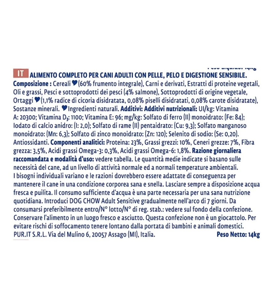 CROCCHETTE PER CANI PURINA "DOG CHOW" ADULTO DI TUTTE LE TAGLIE CON SALMONE 14 KG