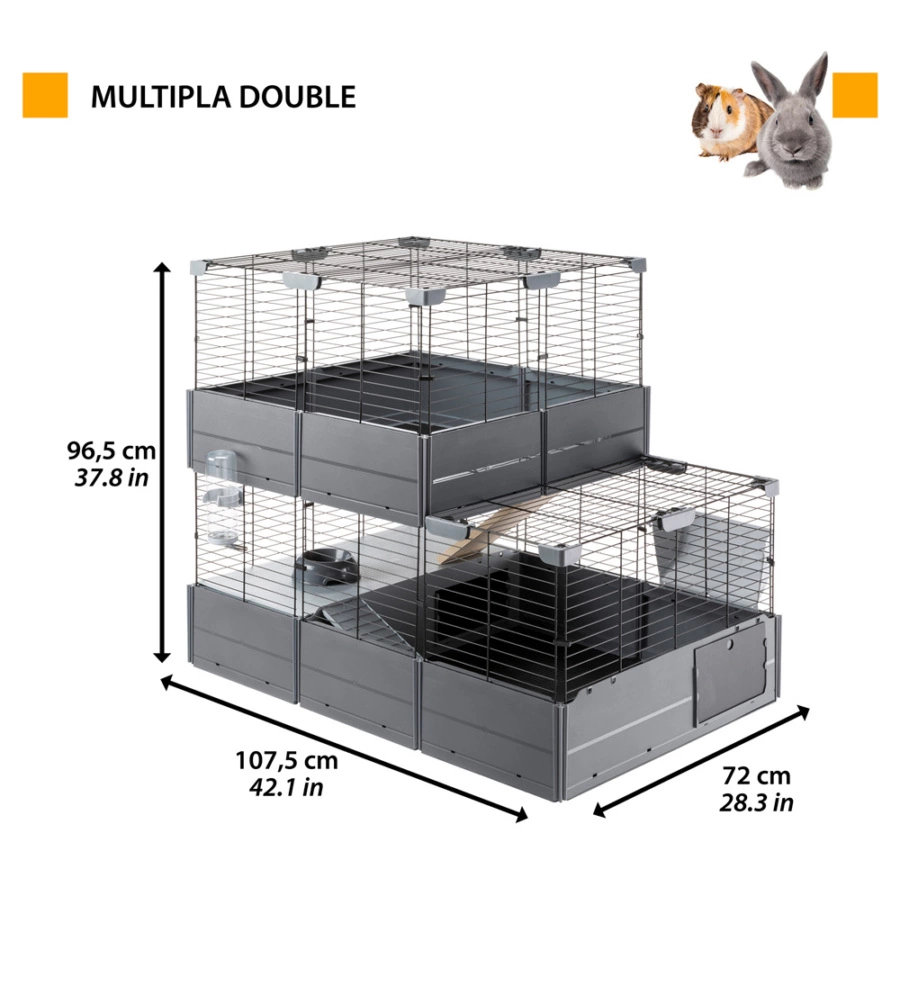 GABBIA PER PORCELLINI D'INDIA - GABBIA MULTIPLA DOUBLE NERA 107,5 x 72 x h 50 CM - FERPLAST