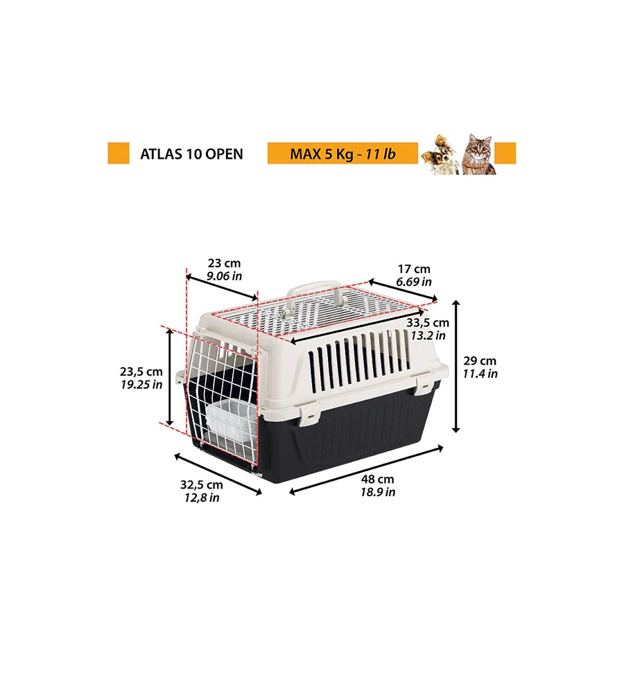 TRASPORTINO PER CANI E GATTI DI PICCOLA TAGLIA "ATLAS OPEN 30", 40X60X38 CM - FERPLAST